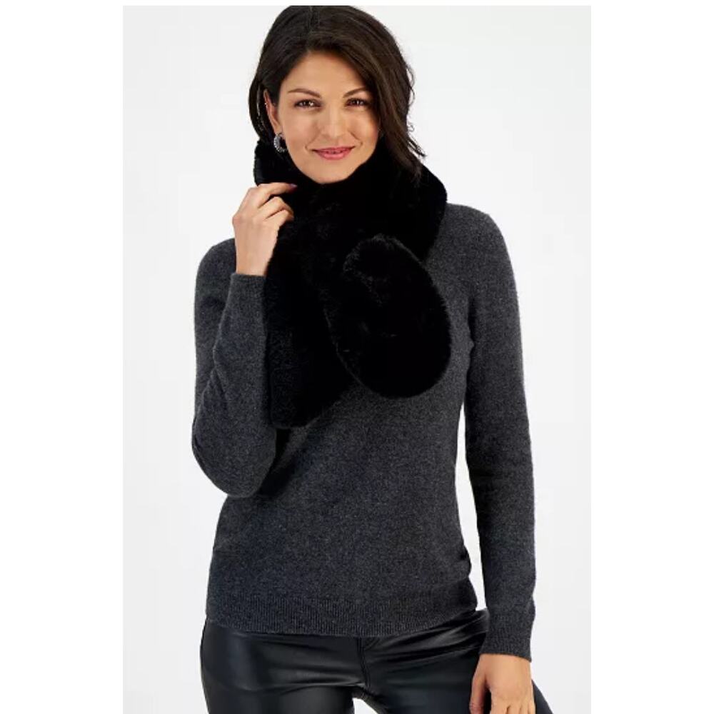 INC Pull Through Black Faux Fur Scarf One Size